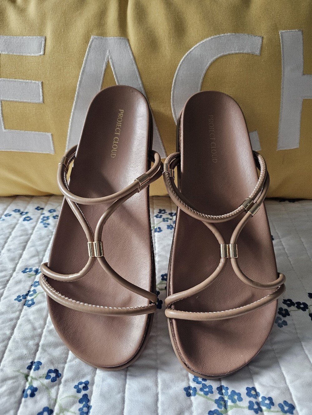 Cloud Nine Tan Strappy Slide Sandals
